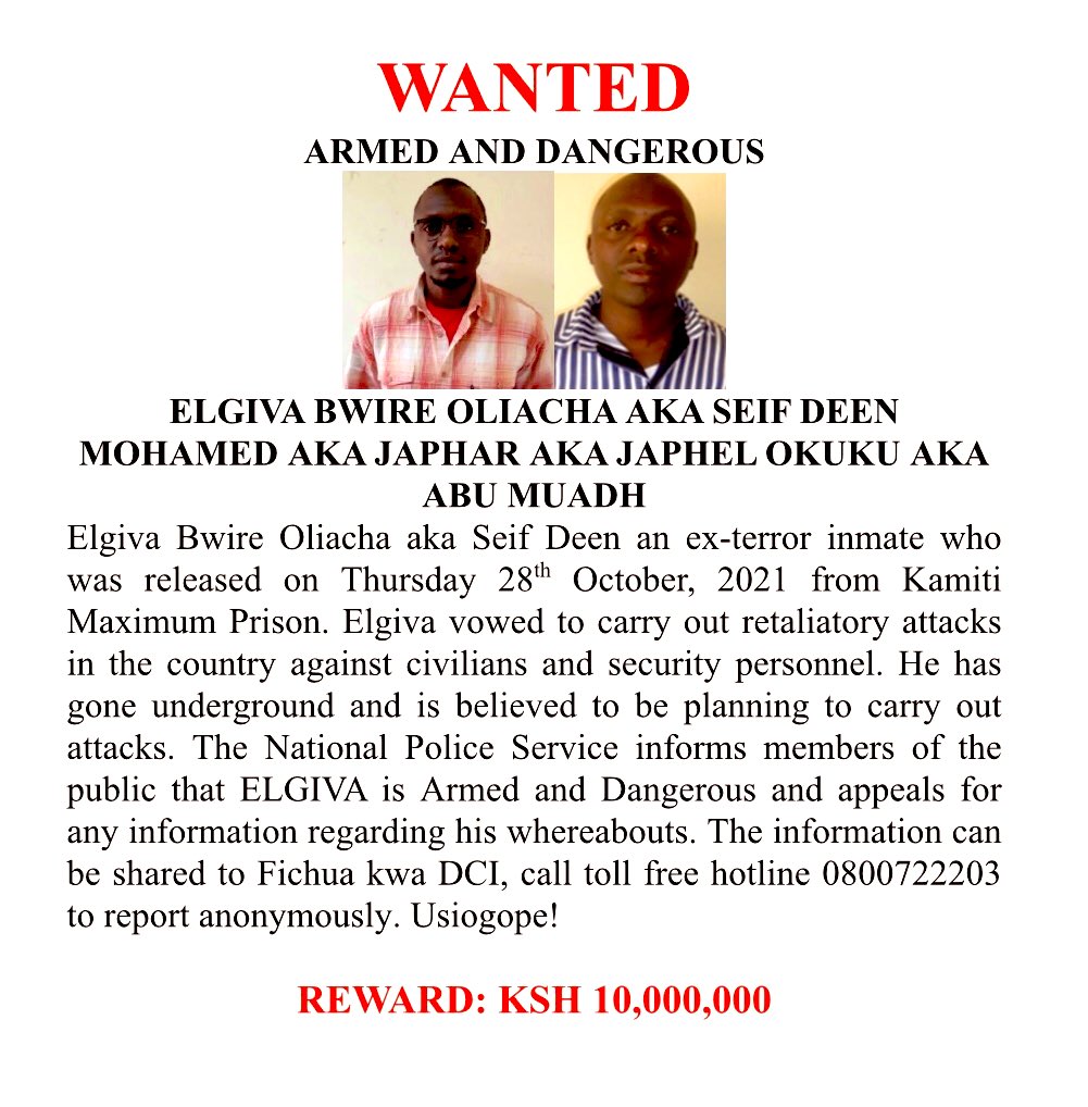 Ex-convict Elgiva Bwire among 5 wanted terror suspects with Sh10mn bounty