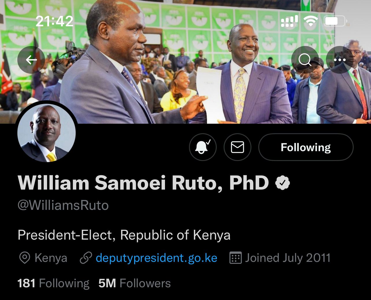 Ruto updates Twitter profile to President-Elect after election victory