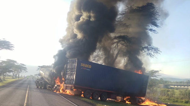 2 trailer trucks burst into flames in morning crash on Mai Mahiu Road