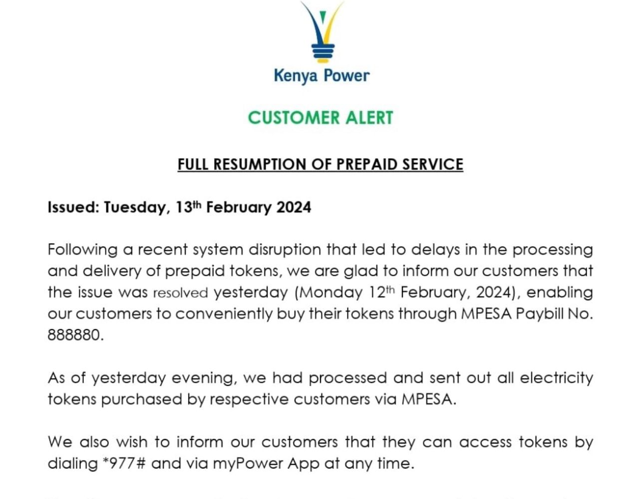 Kenya Power Resolves Prepaid Service Disruptions, Tokens Dispatched via MPESA