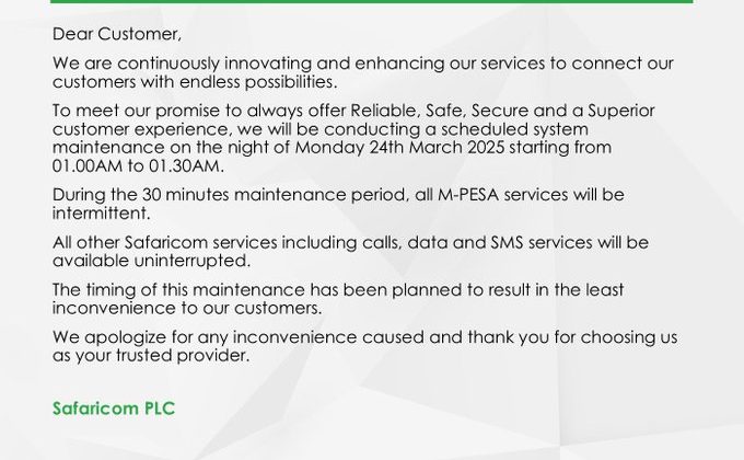 Safaricom Announces Scheduled M-PESA Downtime for System Maintenance