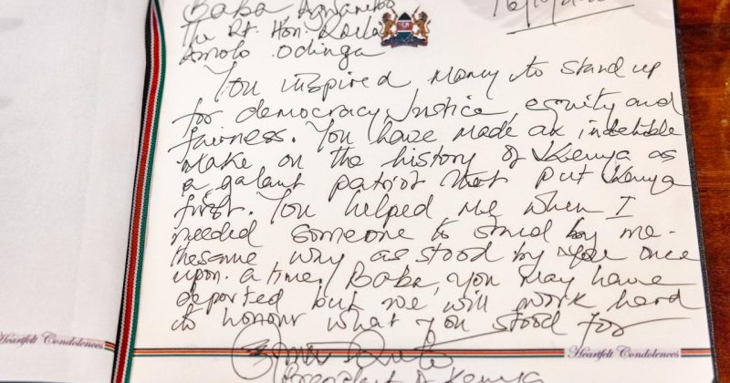 ‘You helped me…’: Ruto’s personal note to Raila in State House condolence book