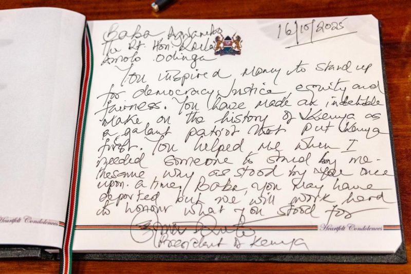 ‘You helped me…’: Ruto’s personal note to Raila in State House condolence book
