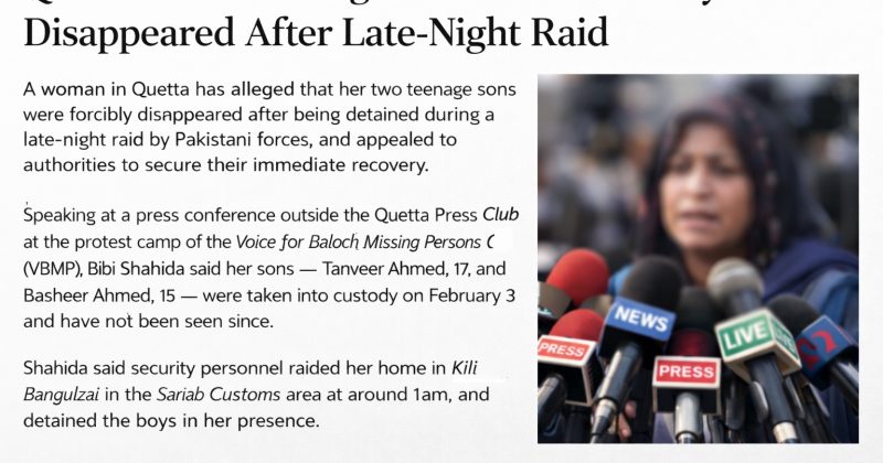 Quetta Mother Alleges Two Sons Forcibly Disappeared After Late-Night Raid