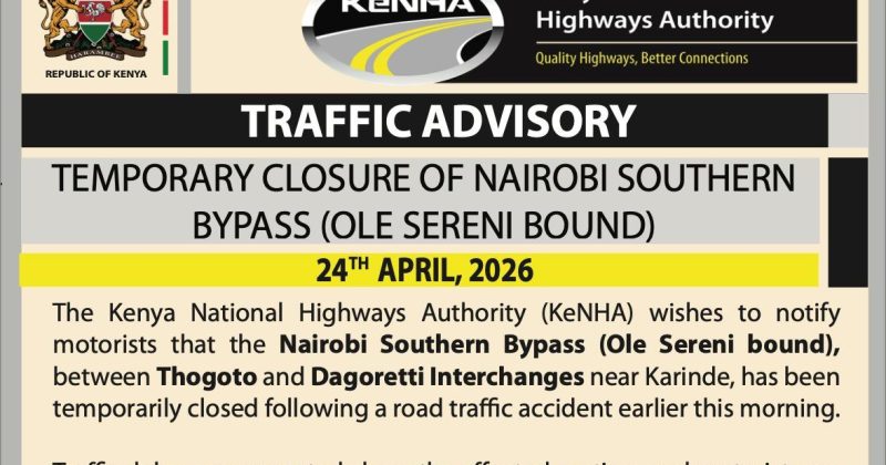 KeNHA Announces Temporary Closure of Nairobi Southern Bypass at Ole Sereni After Accident