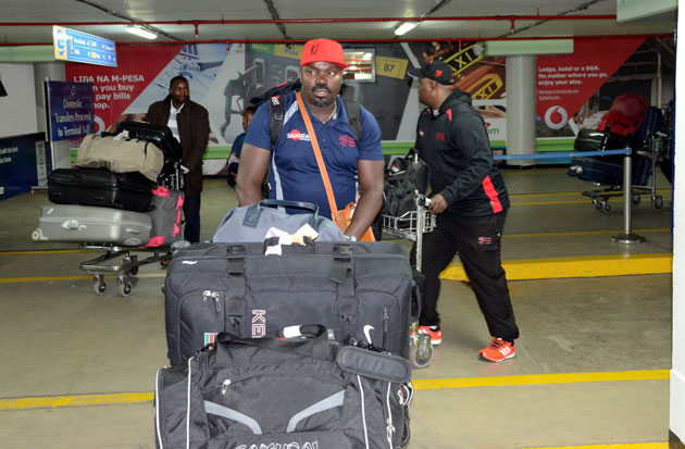 Kenya Sevens head coach Benjamin Ayimba at the Jomo Kenyatta International Airport when the team arrived from Canada.PHOTO/Raymond Makhaya
