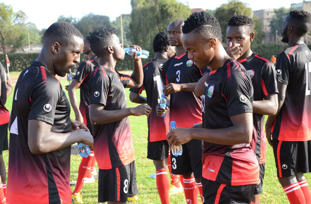 Harambee Stars players during a water break when conducting training at Utalii Grounds ahead of the 2017 AFCON Qualifier against Guinea Bissau. PHOTO/Timothy Olobulu