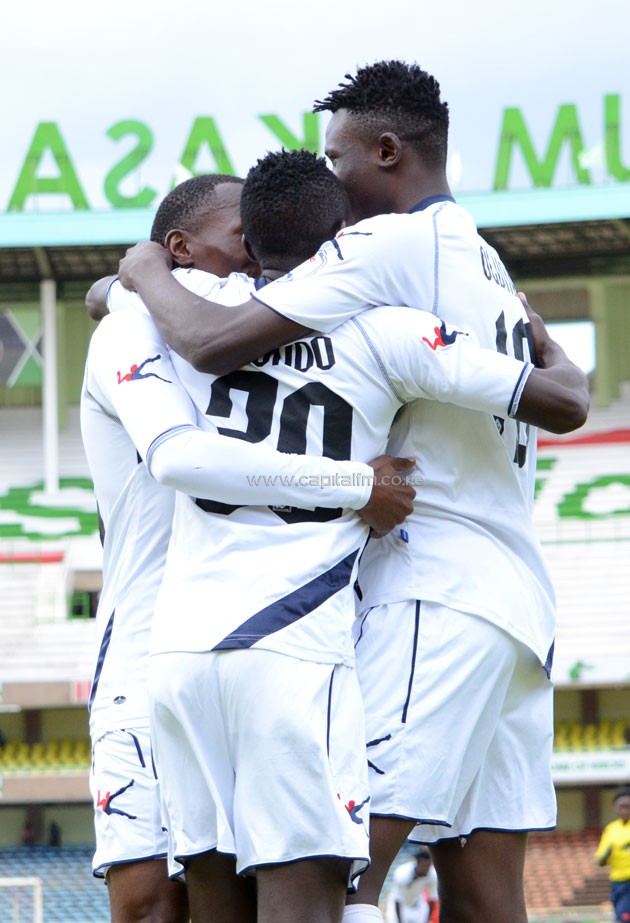 Abondo celebrates a goal with team mates Meddie Kagere and Michael Olunga. The three made up a deadly attacking trio at Gor/PHOTO-Timothy Olobulu