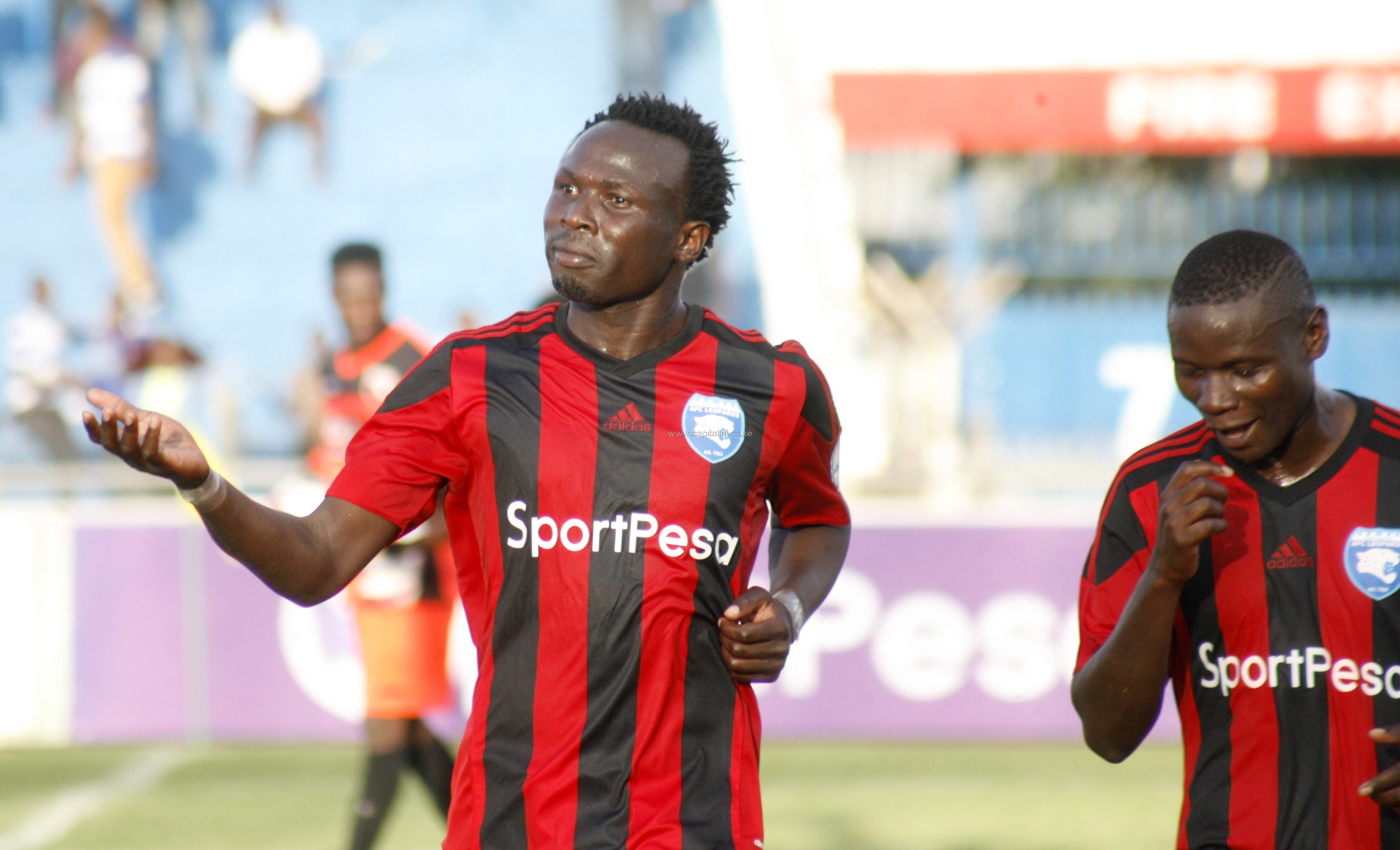 Kepha Aswani celebrates his goal from the penalty spot against Ushuru. PHOTO/Raymond Makhaya