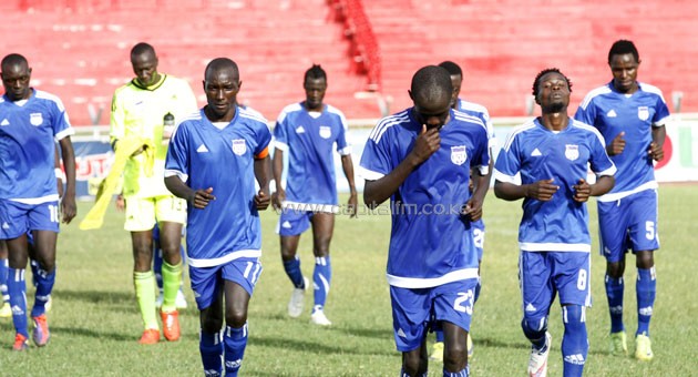 Nairobi City Stars skipper Oscar Mbugua (L) celebrates after scoring against AFC Leopards.PHOTO/Raymond Makhaya.