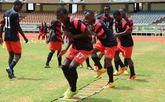 Harambee Stars U-20 skipper Amos Nondi leads the squad's last training at Kasarani Stadium before departing for Sudan.PHOTO/Timothy Olobulu