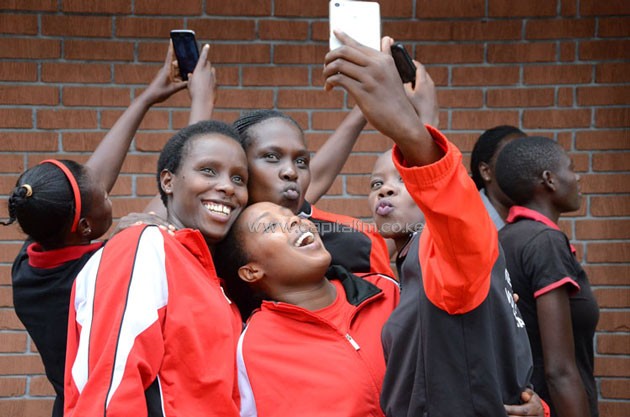 Kenya Pipeline women's volleyball team taking a selfie when they were hosted to a luncheon by their title sponsor.PHOTO/Timothy Olobulu.