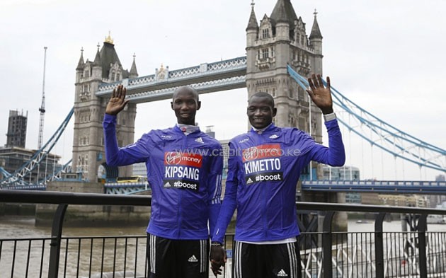 Wilson Kipsang and Dennis Kimetto pose for a photo ahead of the London Marathon/ PHOTO- Telegraph