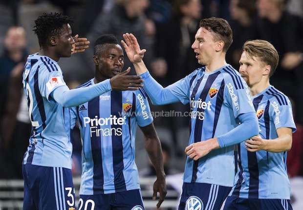 Harambee Stars forward Michael Olunga celebrating after scoring for Djugardens IF in a friendly.PHOTO/Djugardens IF website