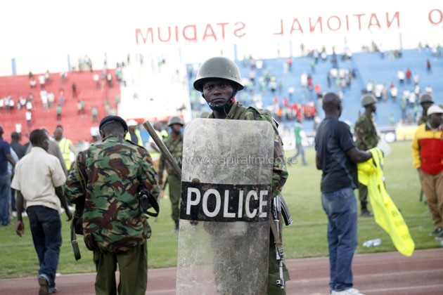 A police officer keeps guard during the trouble ridden Gor Mahia v Tusker match/PHOTO-Raymond Makhaya