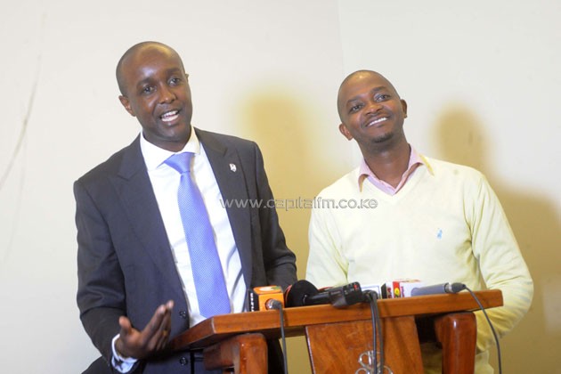 SportPesa CEO Ronald Karauri (left) adresses the media alongside FKF President Nick Mwendwa/PHOTO-Raymond Makhaya
