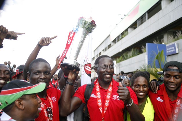 Kenya Sevens team led by veteran Humphrey Kayange when they returned home from Singapore.PHOTO/Raymond Makhaya