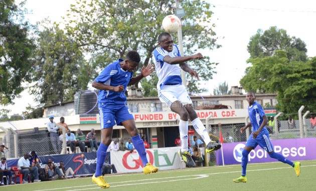 Sofapaka's Jack Romeo and AFC's Brian Chivingo engage in an aerial duel.PHOTO/Timothu Olobulu