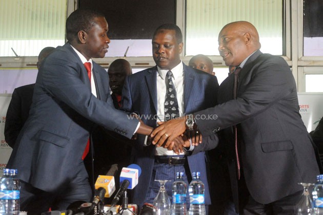 Sports Cabinet Secretary Hassan Wario (middle) and his Principal Secretary Richard Ekai (left) officially welcome Mwangi Muthee as the World Athletics Youth Championship CEO/ PHOTO- Raymond Makhaya