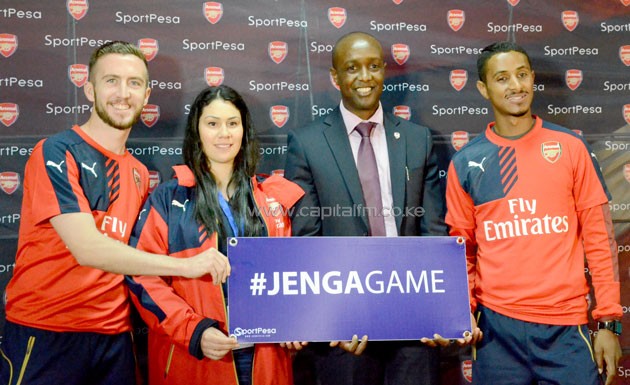 L-R- Arsenal community coach Paul Drew Tyler, SportPesa CEO Ronald Karauri, program manager Tatiana Elagila and Arsenal Youth coach Mohamed Moaz Awadelkarim during the opening ceremony of the five-day clinic-PHOTO/Timothy Olobulu