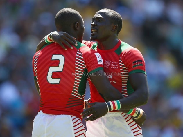 Collins Injera (right) is congratulated by team mate Robert Aringo after scoring in a past tournament