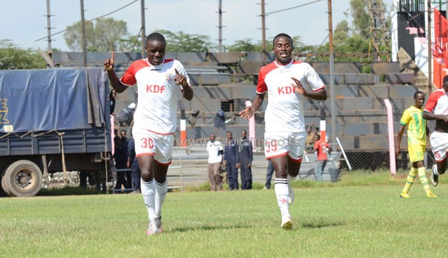 Ulinzi Stars striker John Mark Makwatta celebrates after scoring against Kakamega Homeboyz in their final match of the 2016 Kenyan Premier League first leg.PHOTO/Timothy Olobulu.