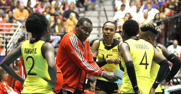 Assistant coach Japheth Munala passes instructions to the players during a time out- PHOTO/ Dennis Machio-KVF