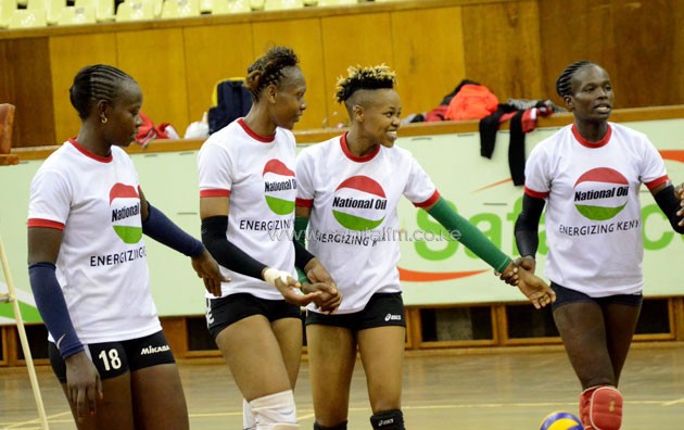 Malkia Strikers players Monica Biama (left), Bracksides Agala, Jane Wacu (center) and Violet Makuto during training at Kasarani gymnasium on Wednesday, May 11.PHOTO/Timothy Olobulu