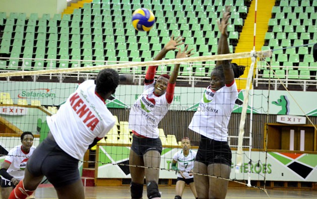 Malkia Strikers players training at Kasarani gymnasium.PHOTO/Timothy Olobulu
