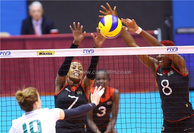 Kenya's Jannet Wanja (left) and Triza Atuka block.PHOTO/FIVB