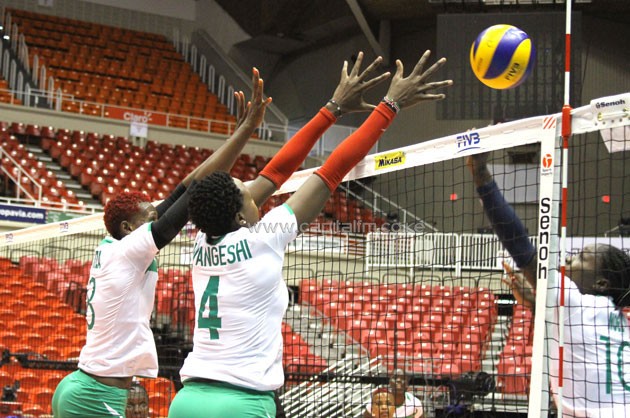 Malkia Strikers players Esther Wangesi (left) and Tiza Atuka (right) in training ahead of the World Olympic Qualifier.PHOTO/KVF