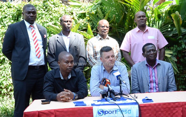AFC Leopards head coach Ivan Minnaert (center) when he was being unveiled. PHOTO/Timothy Olobulu