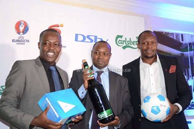 Multichoice Corporate Affairs Manager Philip Wahome (right), King beverages manager John Ngelu (centre) and SuperSport East Africa manager Auka Gacheo (right) during the launch.