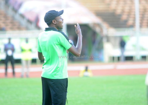 Harambee Stars coach Stanley Okumbi issuing instructions during Kenya's 1-1 draw against Tanzania internatinal friendly match on Sunday, May 29, 2016.PHOTO/Raymond Makhaya.