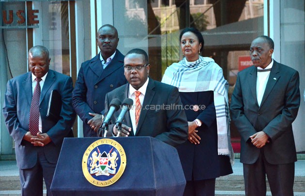 Sports Cabinet Secretary Hassan Wario adresses the press outside Harambee House on Friday evening- PHOTO/Timothy Olobulu