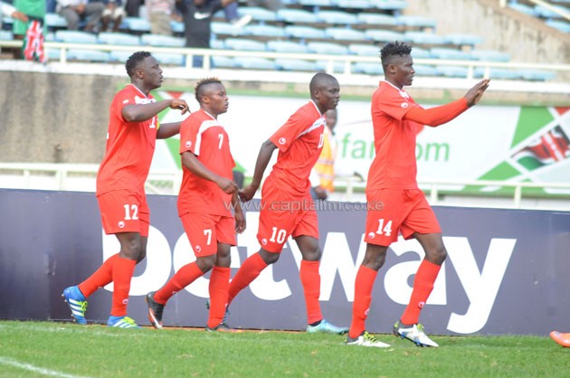 Harambee Stars players cerebrating after scoring the second goal.PHOTO/Raymond Makyaha.