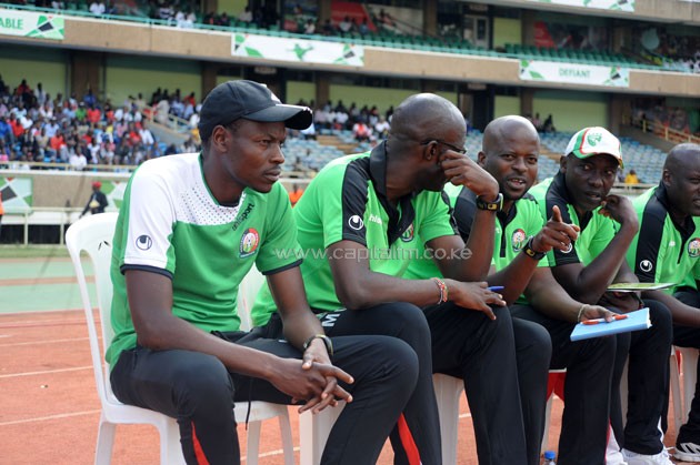 Harambee Stars head coach Stanley Okumbi (left) on the technical bench when Kenya played against Congo Brazzaville in a 2017 AFCON Qualifier.PHOTO/Raymond Makhaya.