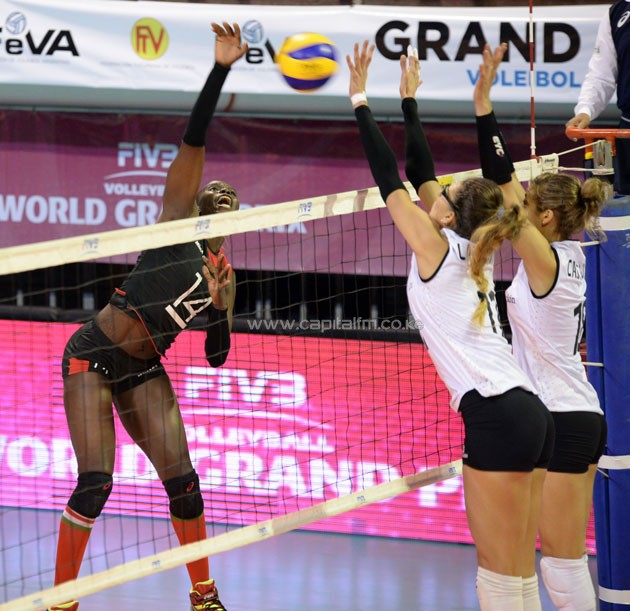 Malkia Strikers captain Mercy Moim spiking during the match.