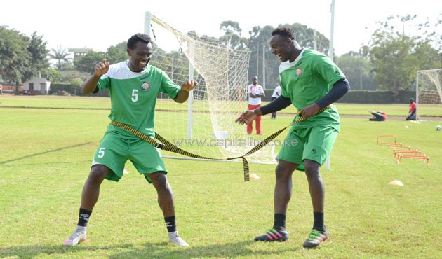 Harambee Stars skipper Victor Wanyama (left) during training with defender David 'Calabar' Owino.PHOTO/Timothy Olobulu.